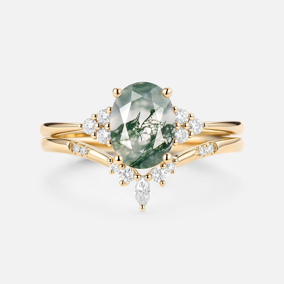Solara Oval Cut Moss Agate Classic Cluster Gold Ring Set 2pcs.