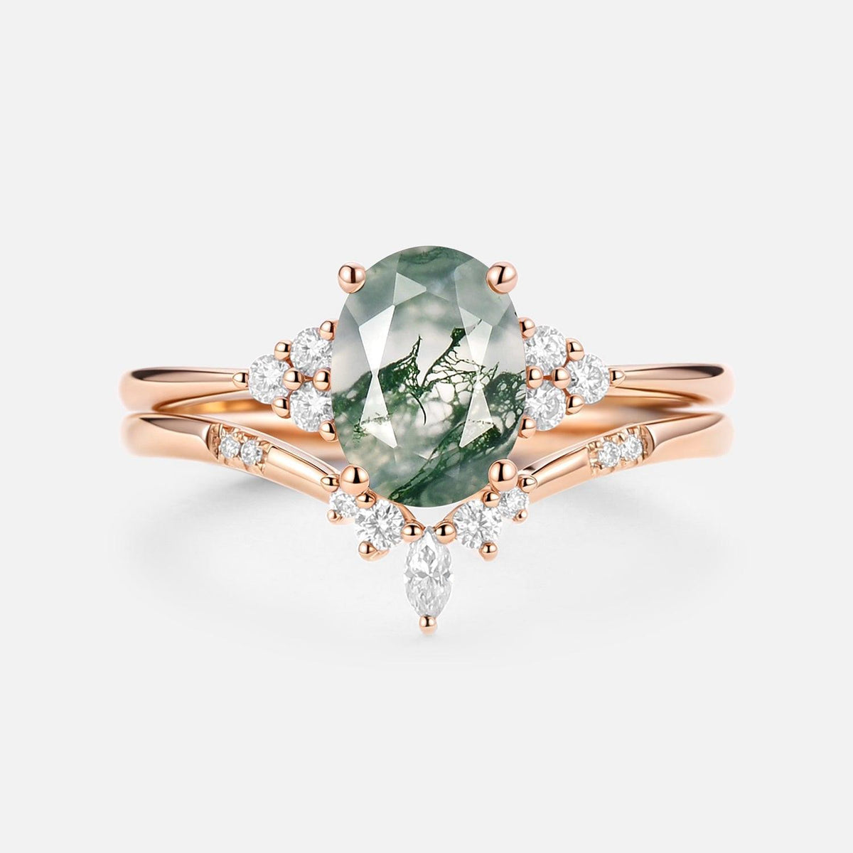 Solara Oval Cut Moss Agate Classic Cluster Gold Ring Set 2pcs.
