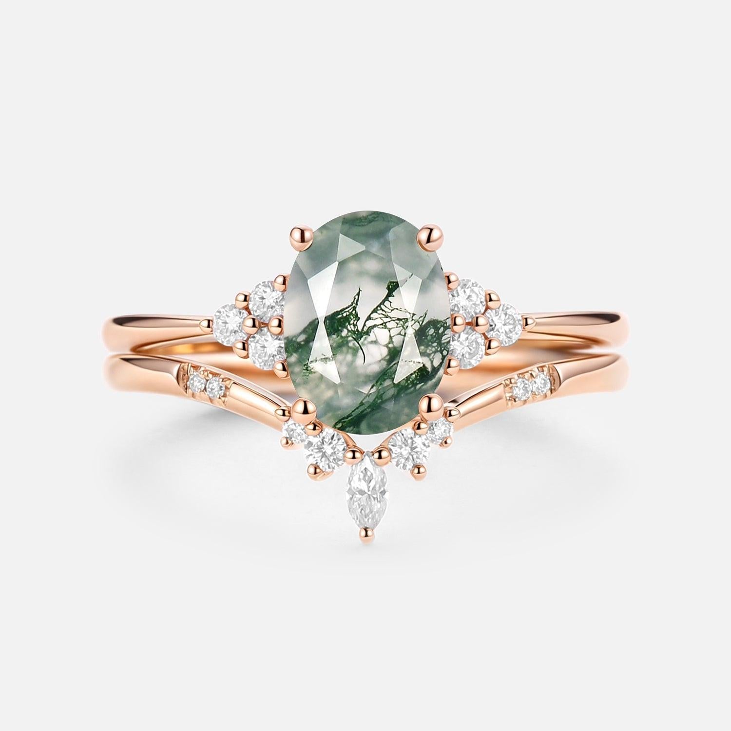 Solara Oval Cut Moss Agate Classic Cluster Gold Ring Set 2pcs.