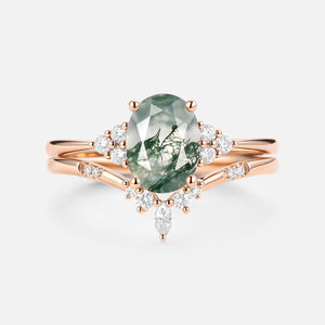 Solara Oval Cut Moss Agate Classic Cluster Gold Ring Set 2pcs.