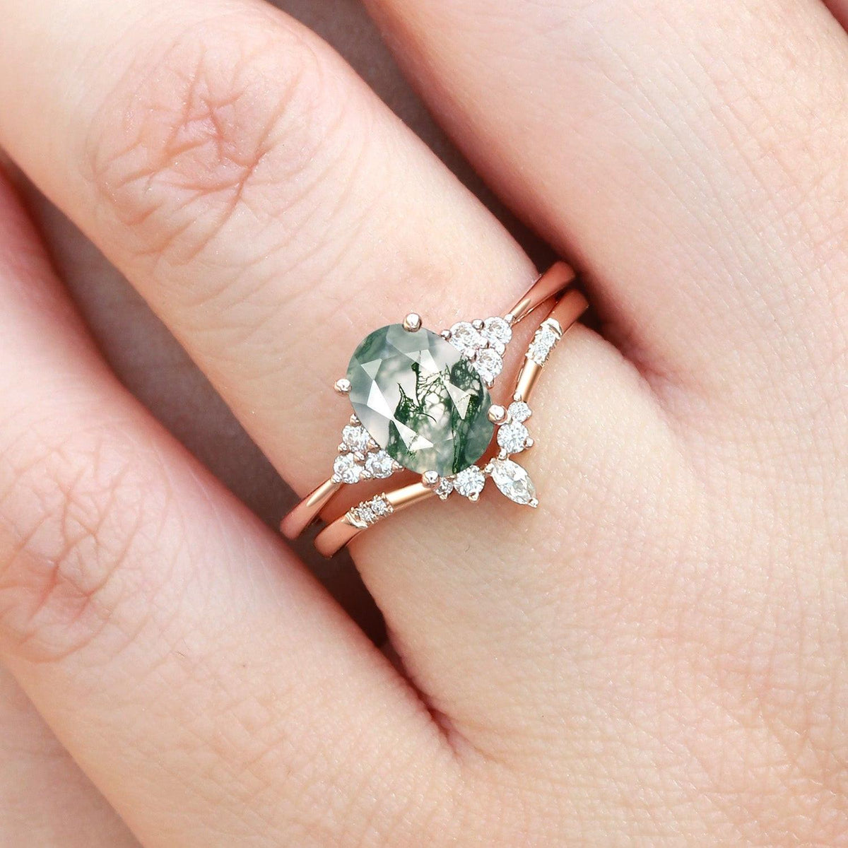 Solara Oval Cut Moss Agate Classic Cluster Gold Ring Set 2pcs.