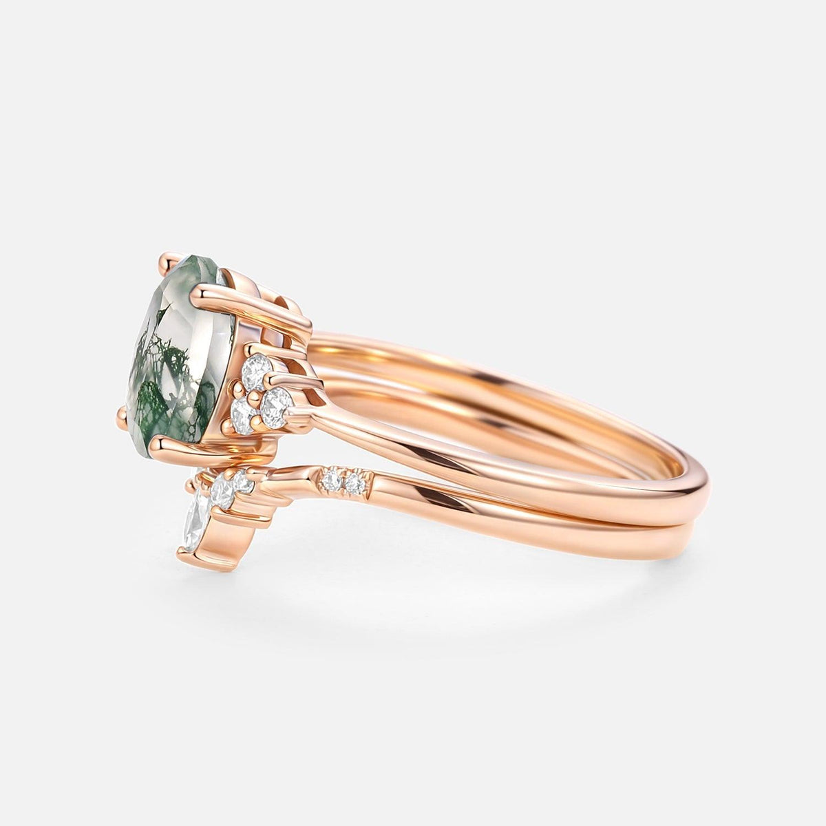 Solara Oval Cut Moss Agate Classic Cluster Gold Ring Set 2pcs.