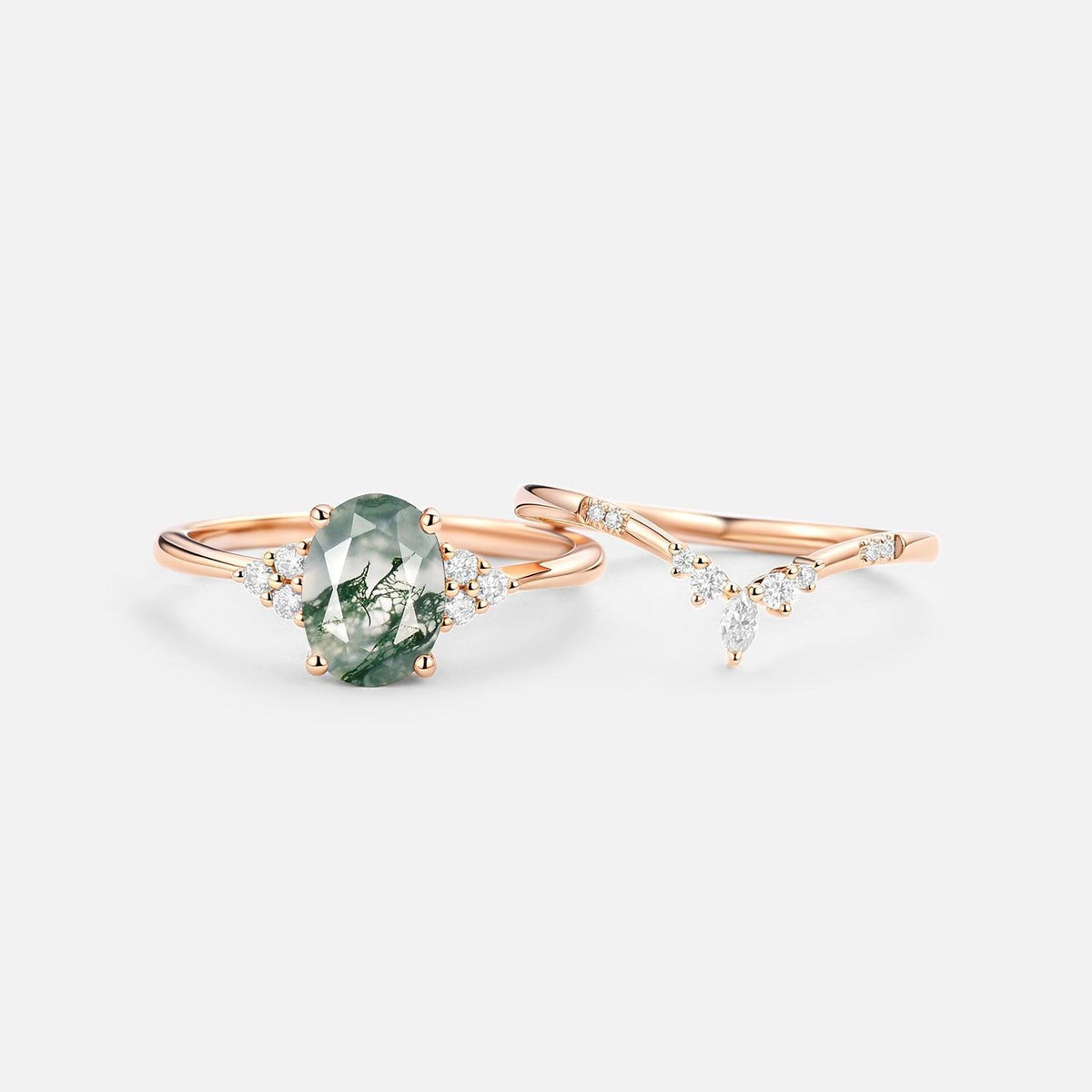 Solara Oval Cut Moss Agate Classic Cluster Gold Ring Set 2pcs.