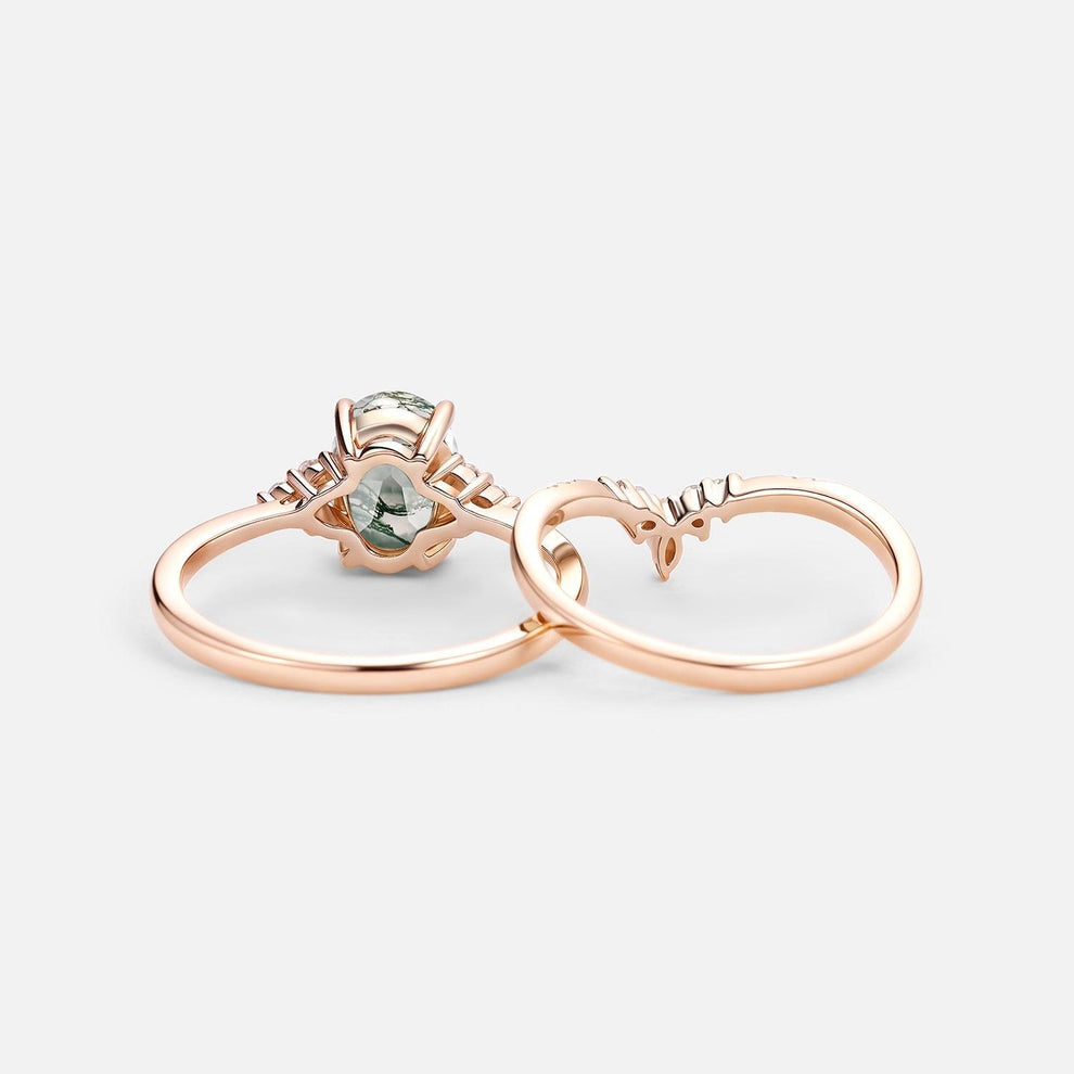 Solara Oval Cut Moss Agate Classic Cluster Gold Ring Set 2pcs.