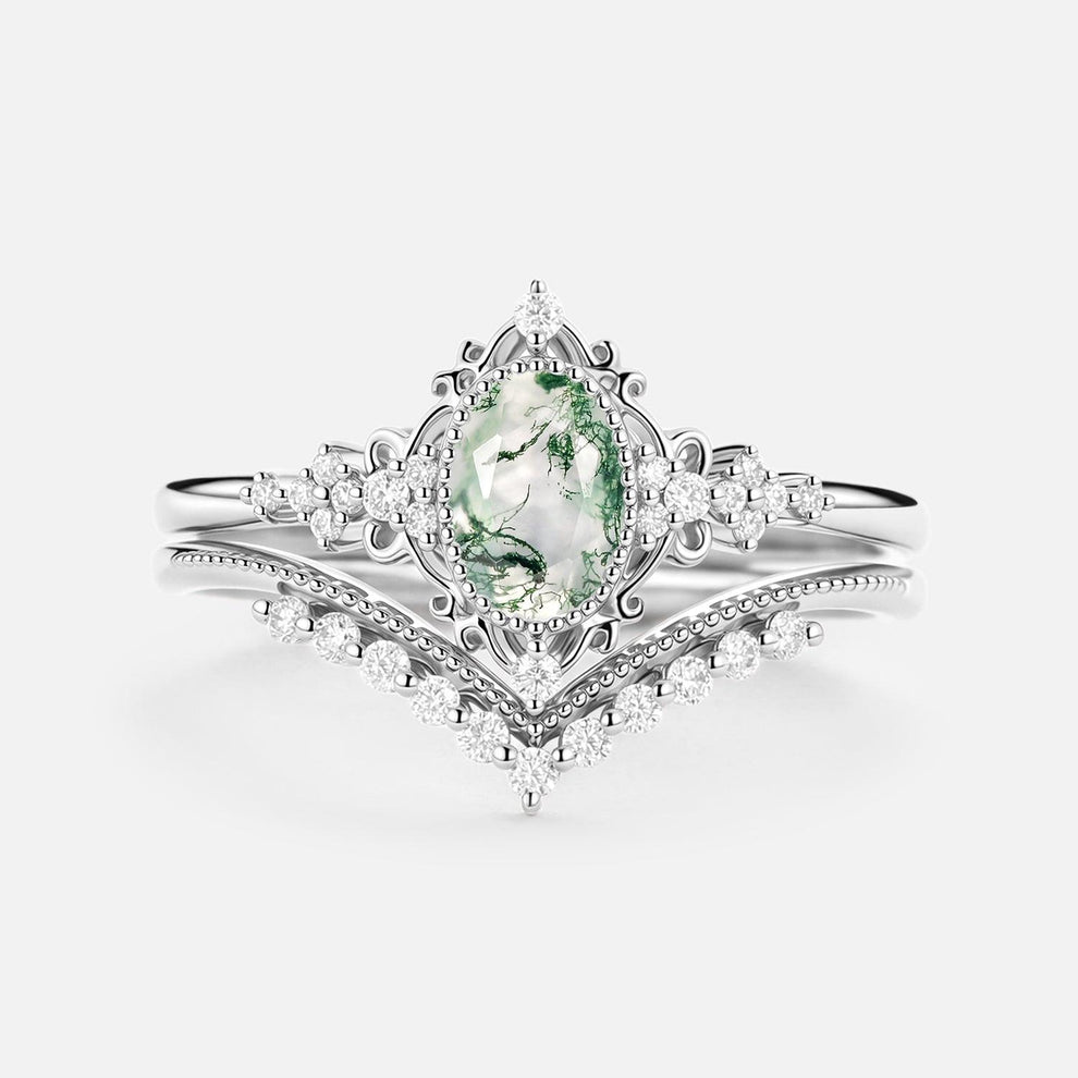 Eira’s Grove | Oval Cut Vintage Moss Agate Bridal Set 2pcs.