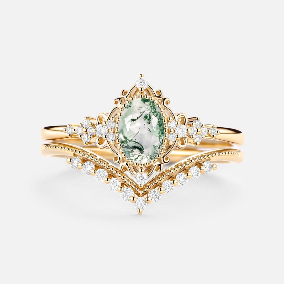 Eira’s Grove | Oval Cut Vintage Moss Agate Bridal Set 2pcs.