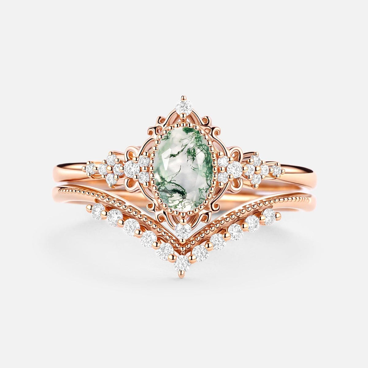 Eira’s Grove | Oval Cut Vintage Moss Agate Bridal Set 2pcs.