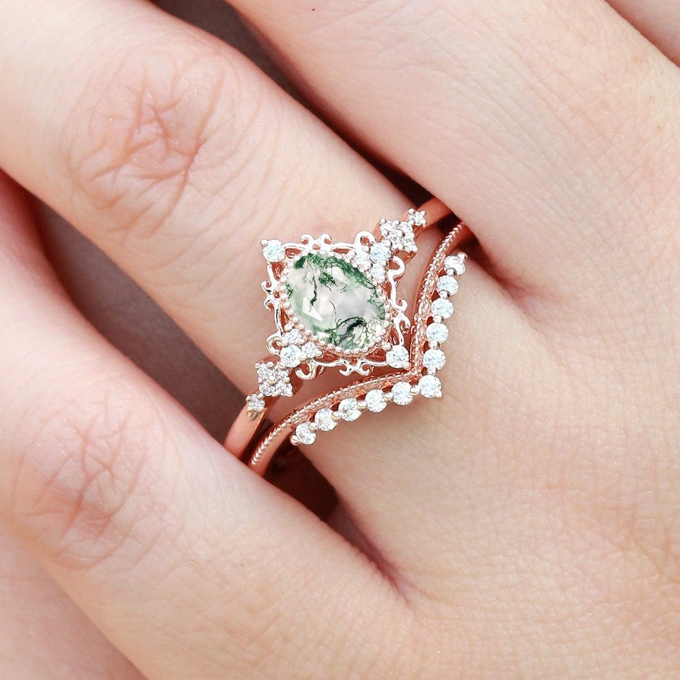 Eira’s Grove | Oval Cut Vintage Moss Agate Bridal Set 2pcs.