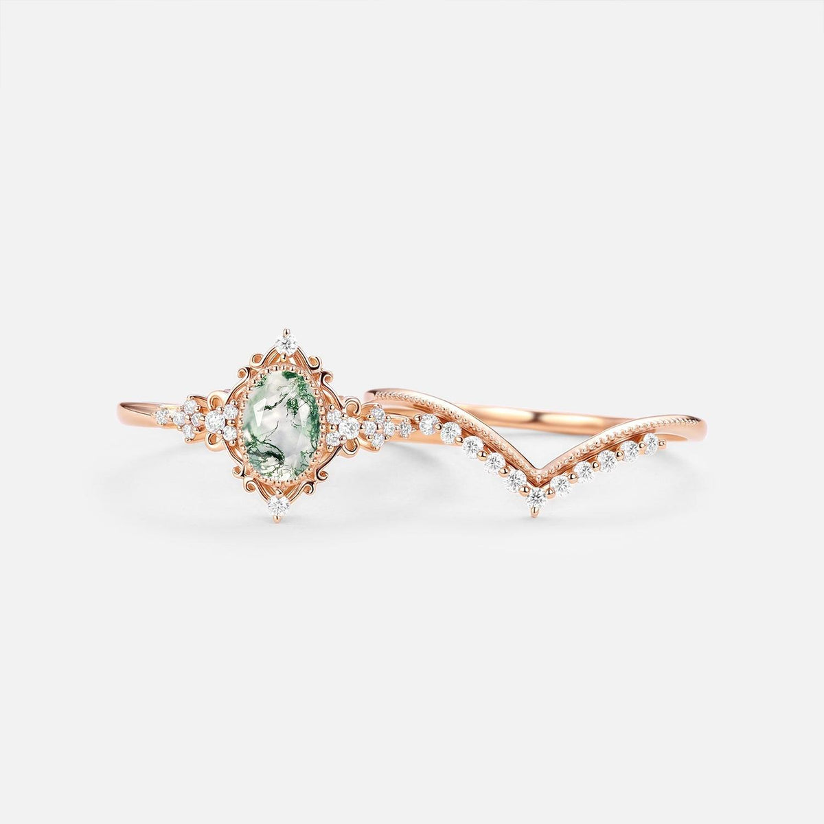 Eira’s Grove | Oval Cut Vintage Moss Agate Bridal Set 2pcs.