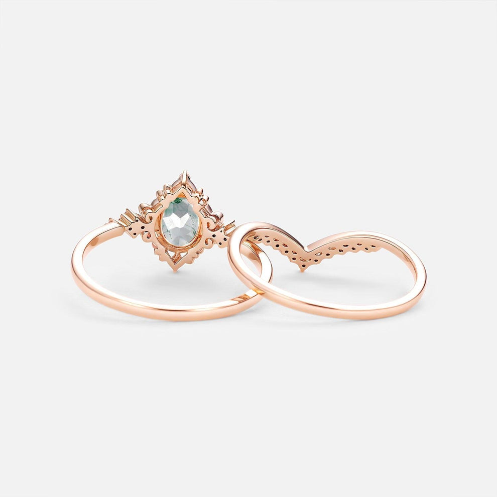 Eira’s Grove | Oval Cut Vintage Moss Agate Bridal Set 2pcs.