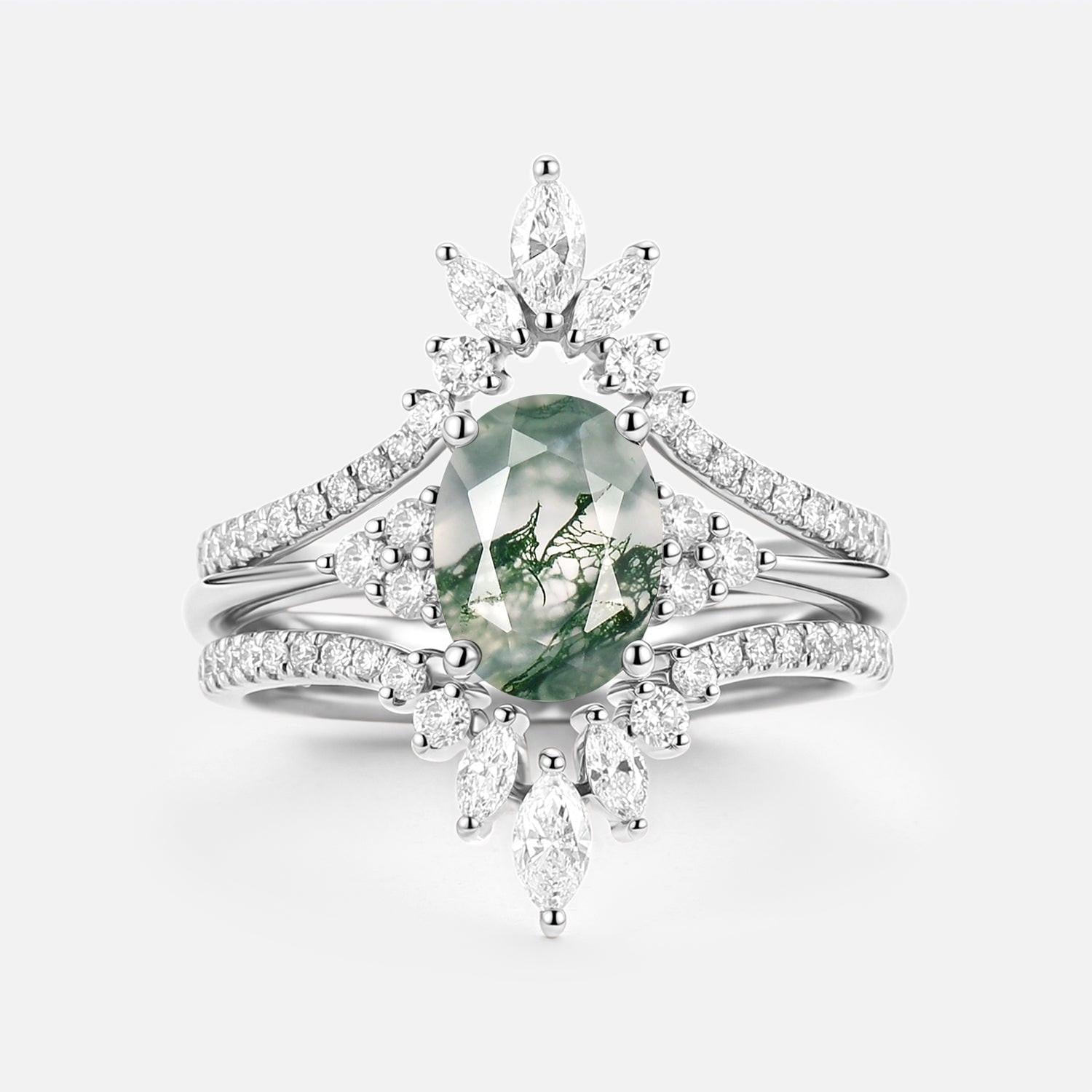 Thalia’s Reverie | Oval Cut Moss Agate Classic Cluster Bridal Set 3pcs.