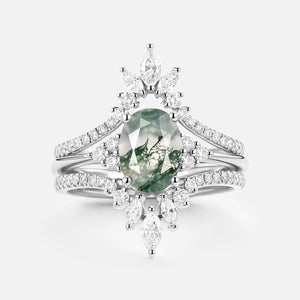 Thalia’s Reverie | Oval Cut Moss Agate Classic Cluster Bridal Set 3pcs.