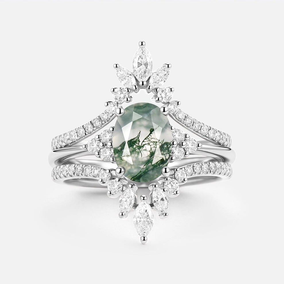 Thalia’s Reverie | Oval Cut Moss Agate Classic Cluster Bridal Set 3pcs.