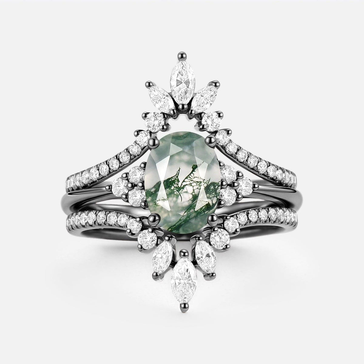 Thalia’s Reverie | Oval Cut Moss Agate Classic Cluster Bridal Set 3pcs.