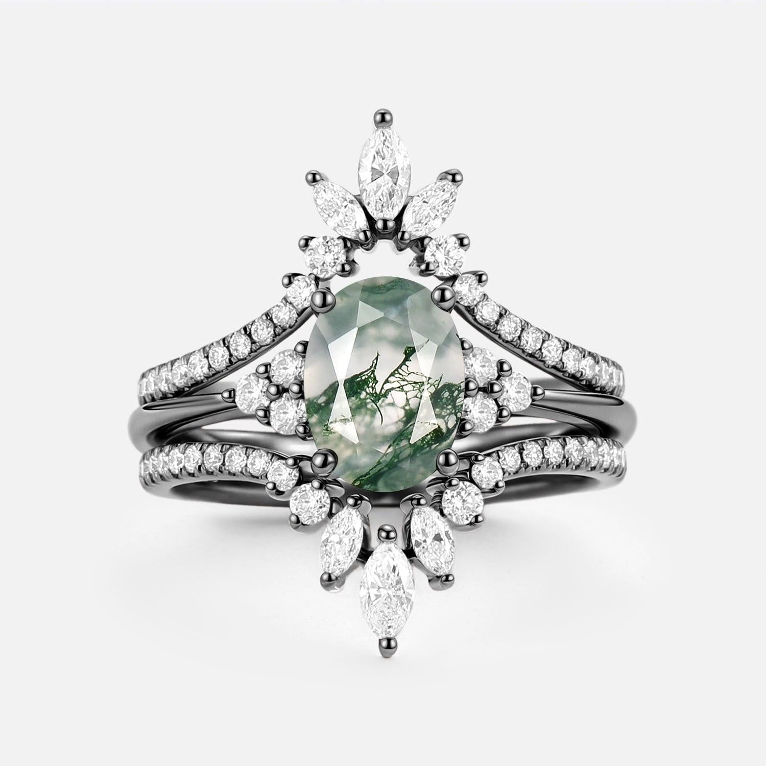 Thalia’s Reverie | Oval Cut Moss Agate Classic Cluster Bridal Set 3pcs.