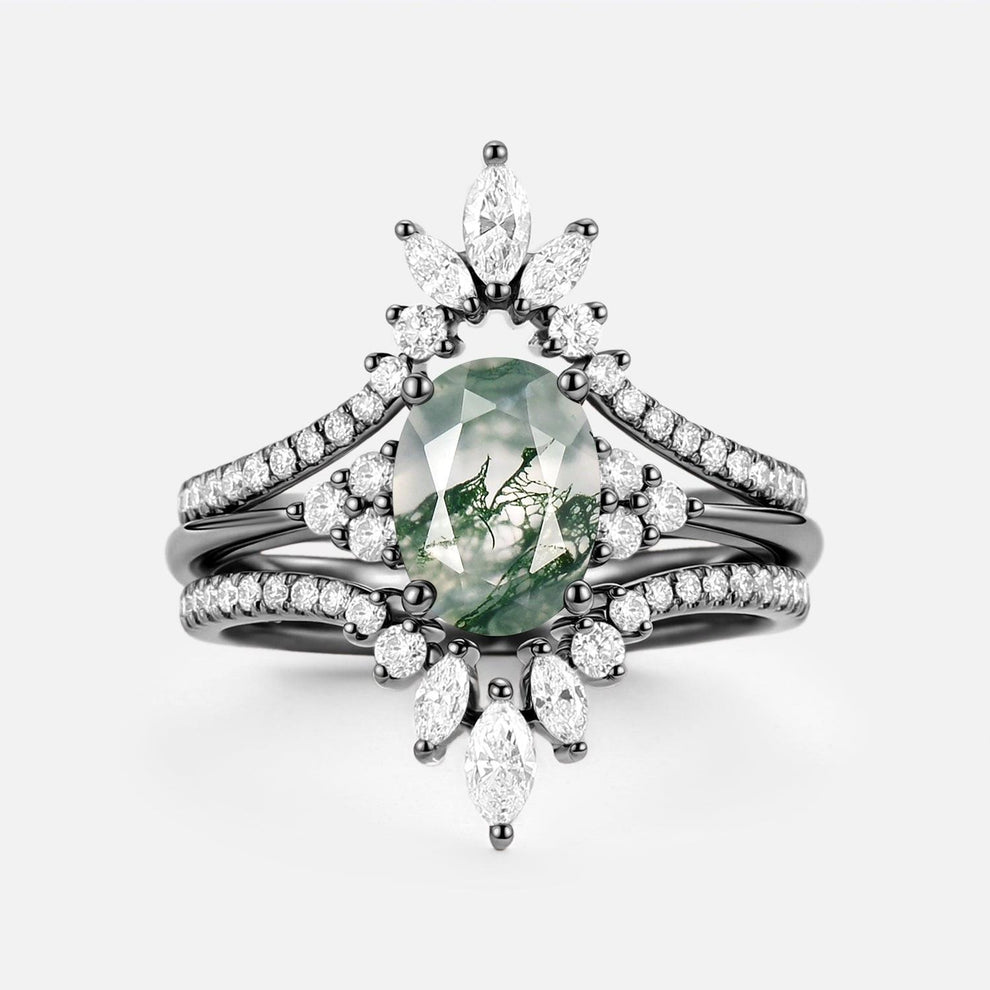Thalia’s Reverie | Oval Cut Moss Agate Classic Cluster Bridal Set 3pcs.