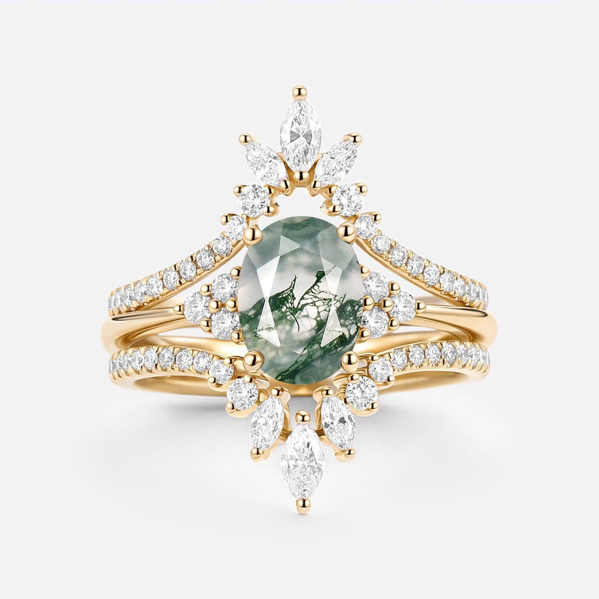 Thalia’s Reverie | Oval Cut Moss Agate Classic Cluster Bridal Set 3pcs.