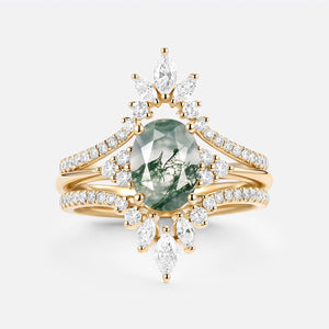 Thalia’s Reverie | Oval Cut Moss Agate Classic Cluster Bridal Set 3pcs.