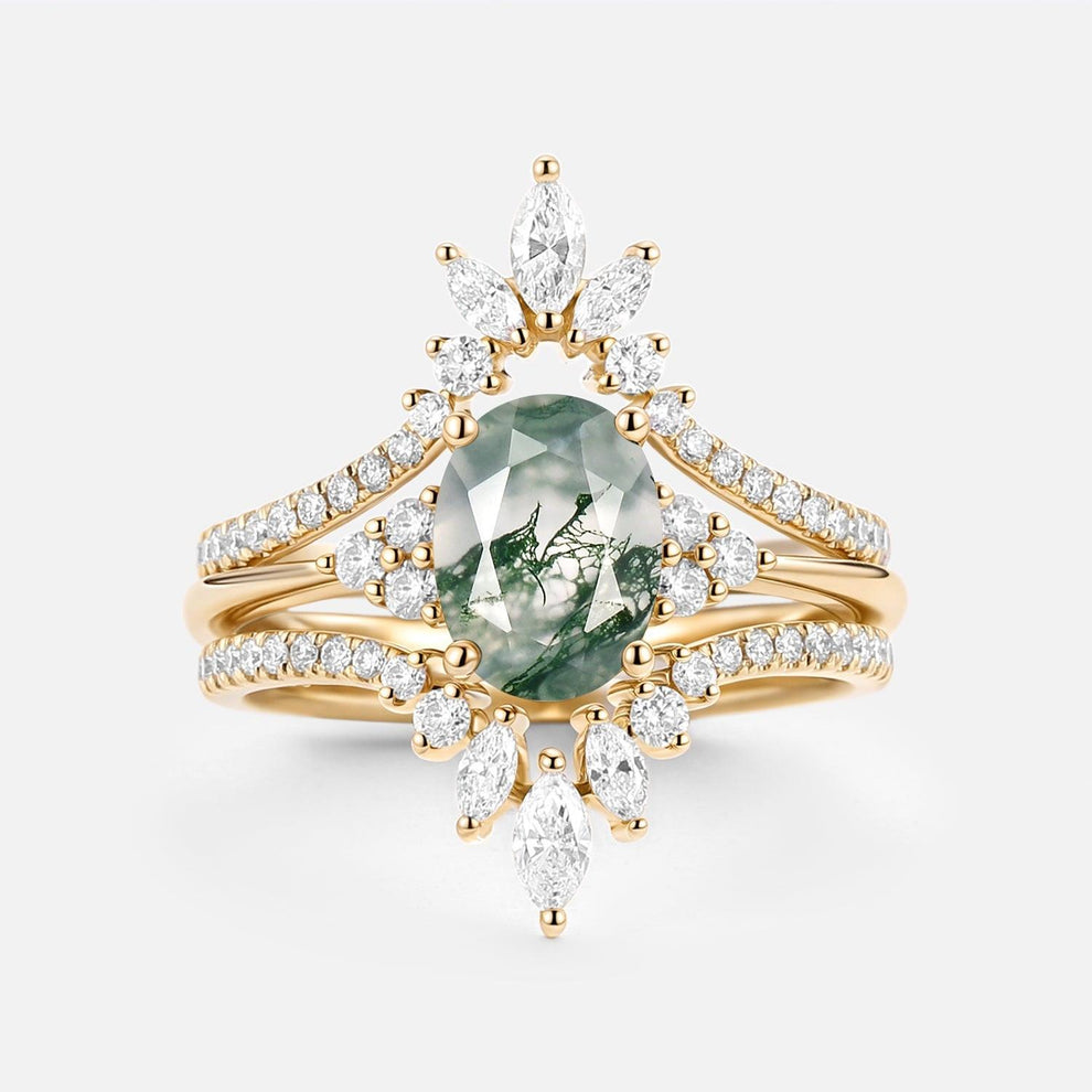 Thalia’s Reverie | Oval Cut Moss Agate Classic Cluster Bridal Set 3pcs.