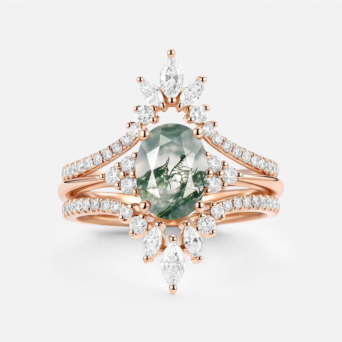 Thalia’s Reverie | Oval Cut Moss Agate Classic Cluster Bridal Set 3pcs.