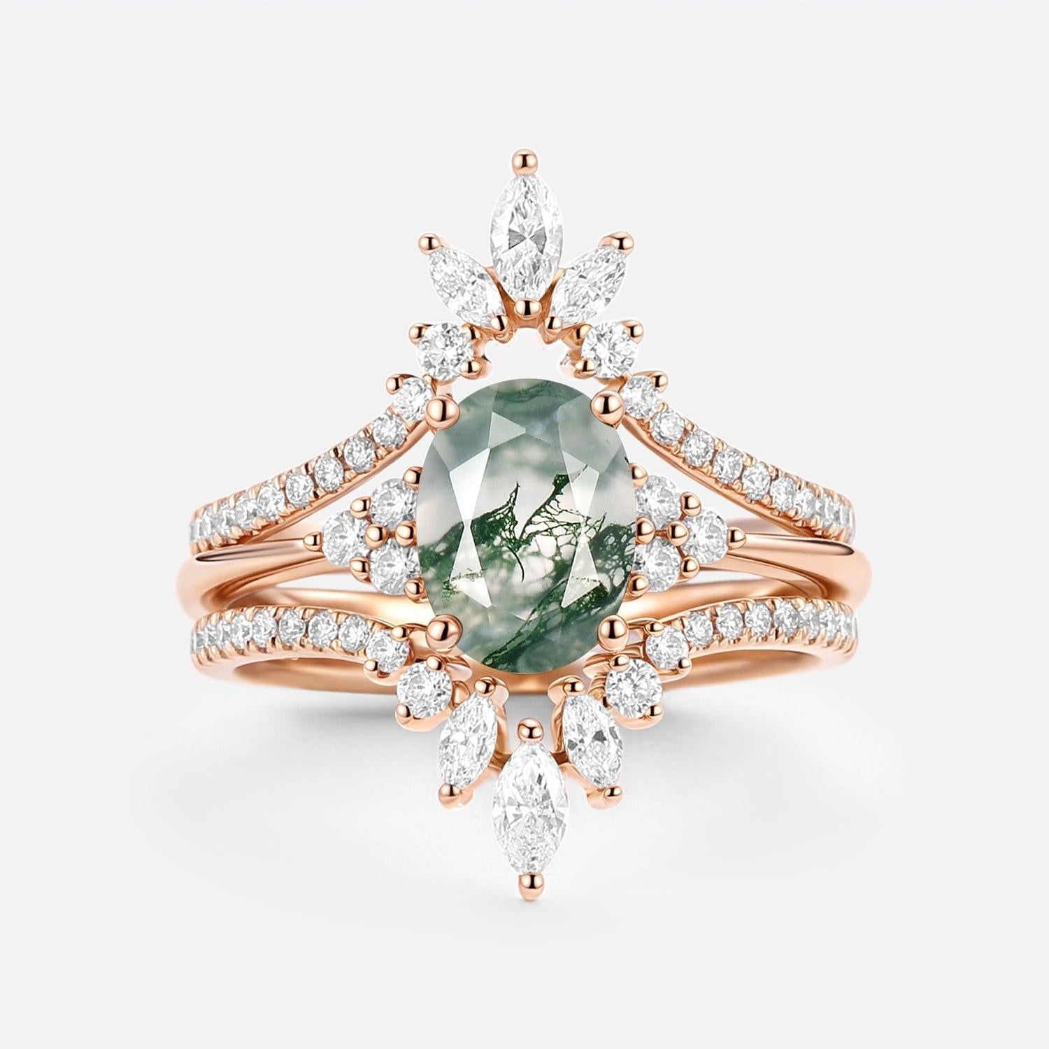 Thalia’s Reverie | Oval Cut Moss Agate Classic Cluster Bridal Set 3pcs.
