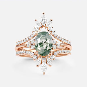 Thalia’s Reverie | Oval Cut Moss Agate Classic Cluster Bridal Set 3pcs.