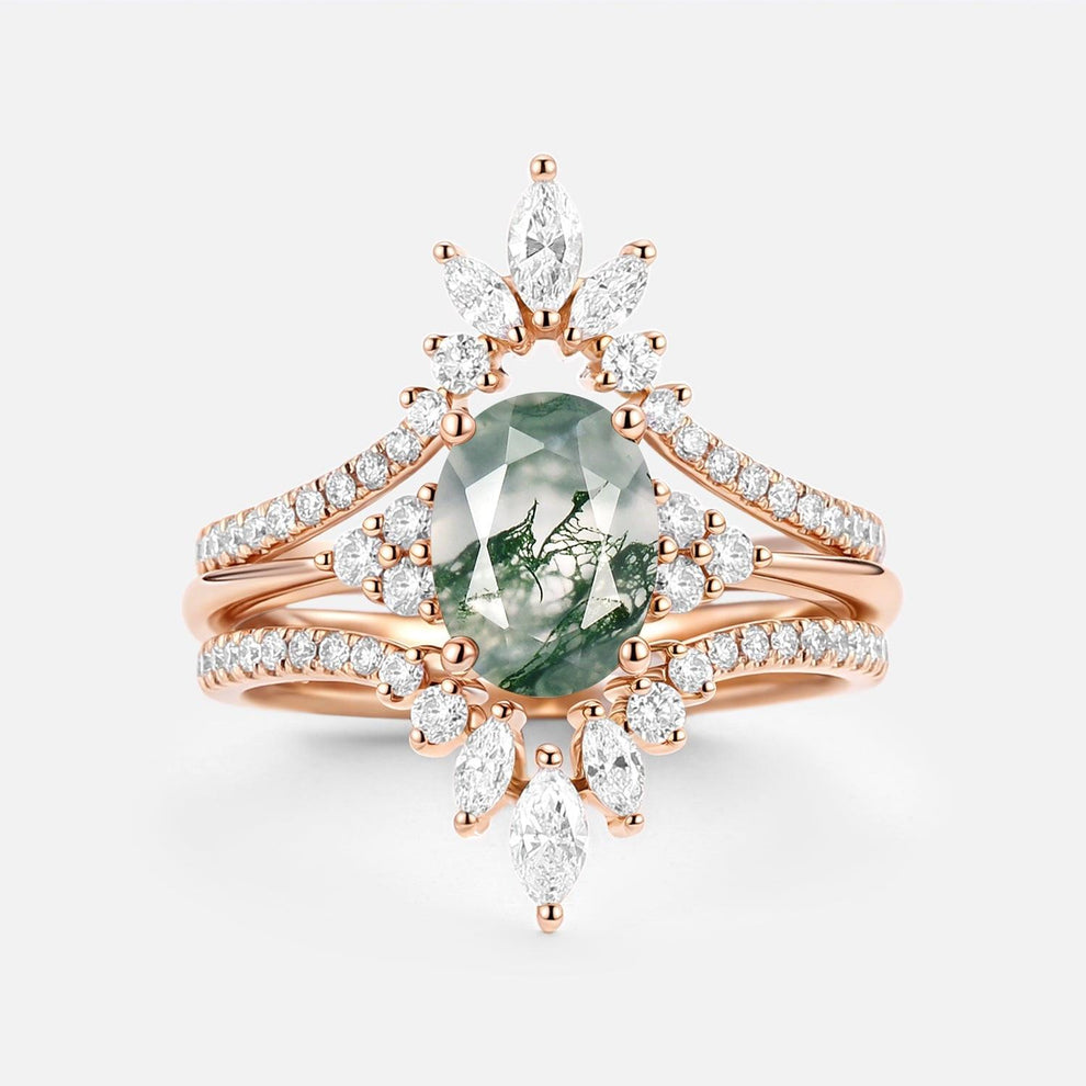 Thalia’s Reverie | Oval Cut Moss Agate Classic Cluster Bridal Set 3pcs.