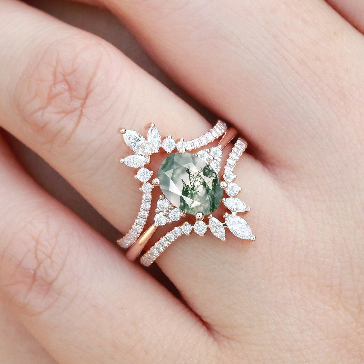 Thalia’s Reverie | Oval Cut Moss Agate Classic Cluster Bridal Set 3pcs.
