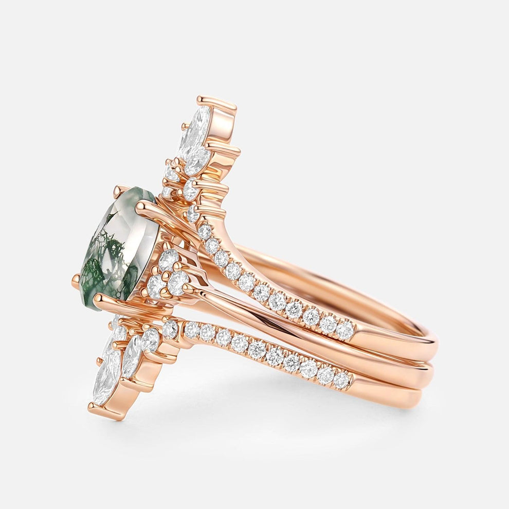 Thalia’s Reverie | Oval Cut Moss Agate Classic Cluster Bridal Set 3pcs.