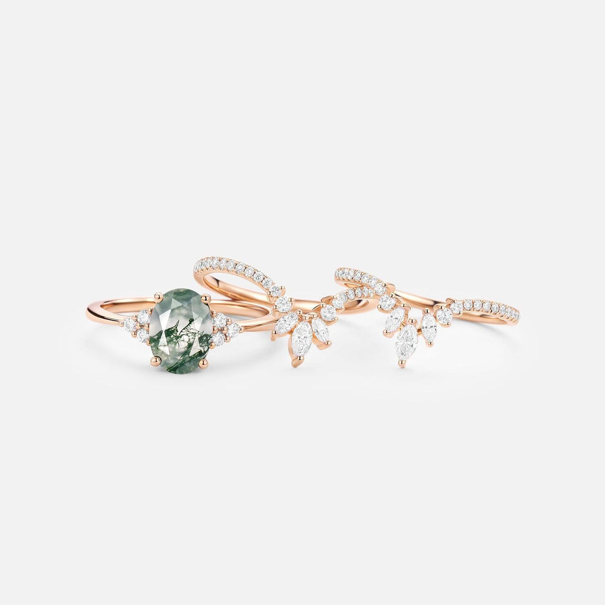 Thalia’s Reverie | Oval Cut Moss Agate Classic Cluster Bridal Set 3pcs.