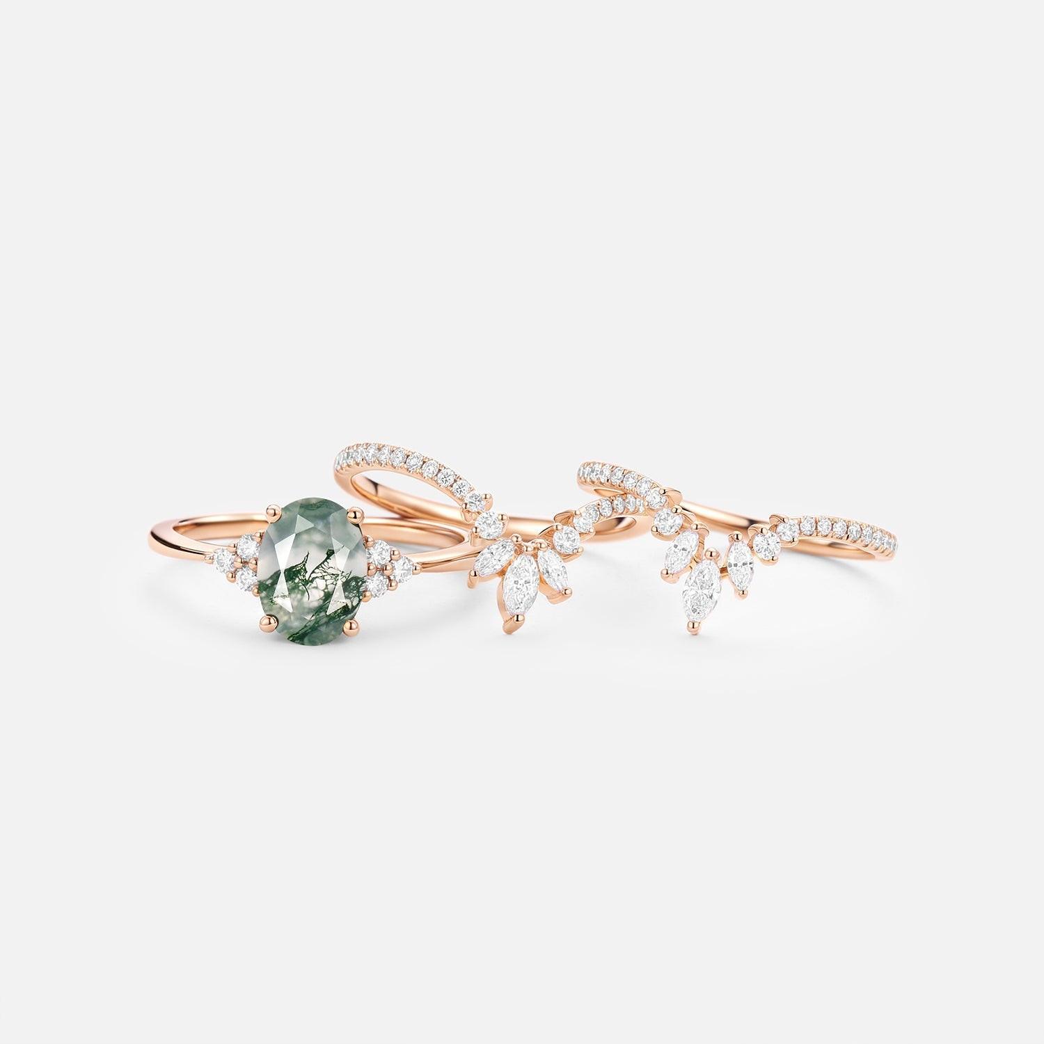 Thalia’s Reverie | Oval Cut Moss Agate Classic Cluster Bridal Set 3pcs.