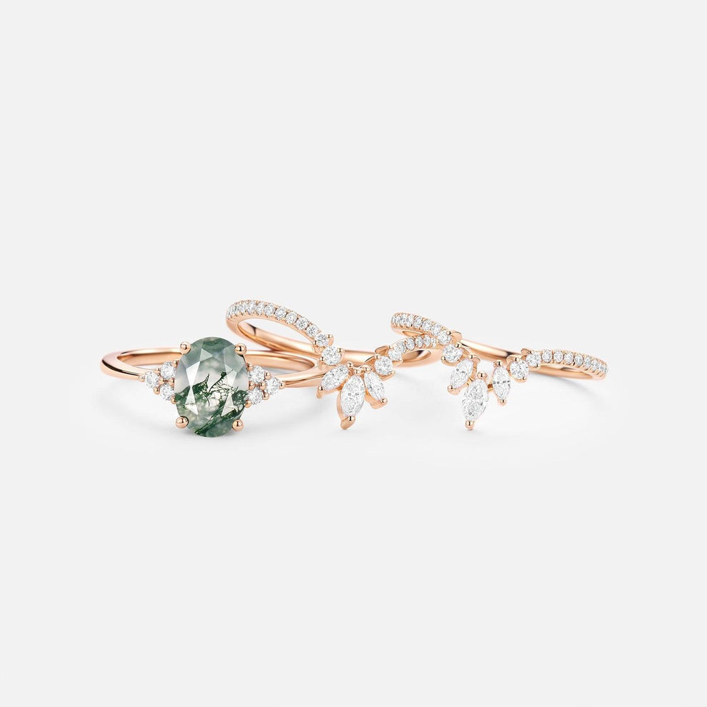 Thalia’s Reverie | Oval Cut Moss Agate Classic Cluster Bridal Set 3pcs.