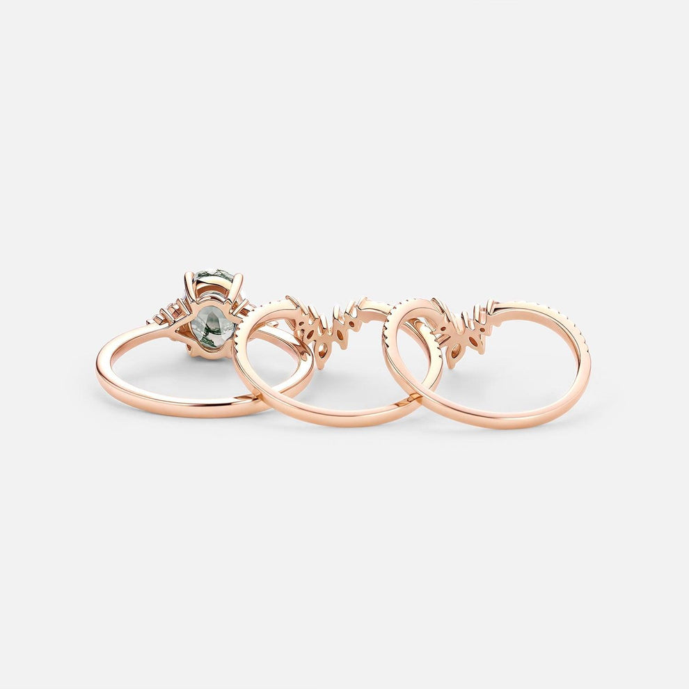 Thalia’s Reverie | Oval Cut Moss Agate Classic Cluster Bridal Set 3pcs.