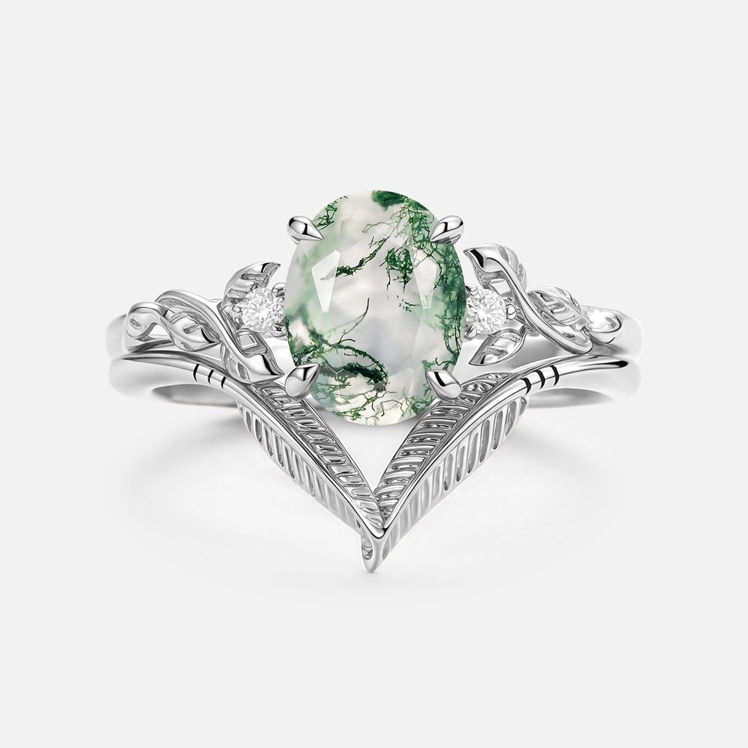 Juniper Oval Cut Moss Agate Leafy Gold Ring Set 2pcs.
