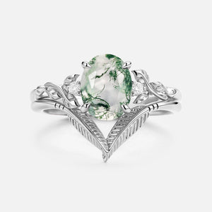 Juniper Oval Cut Moss Agate Leafy Gold Ring Set 2pcs.