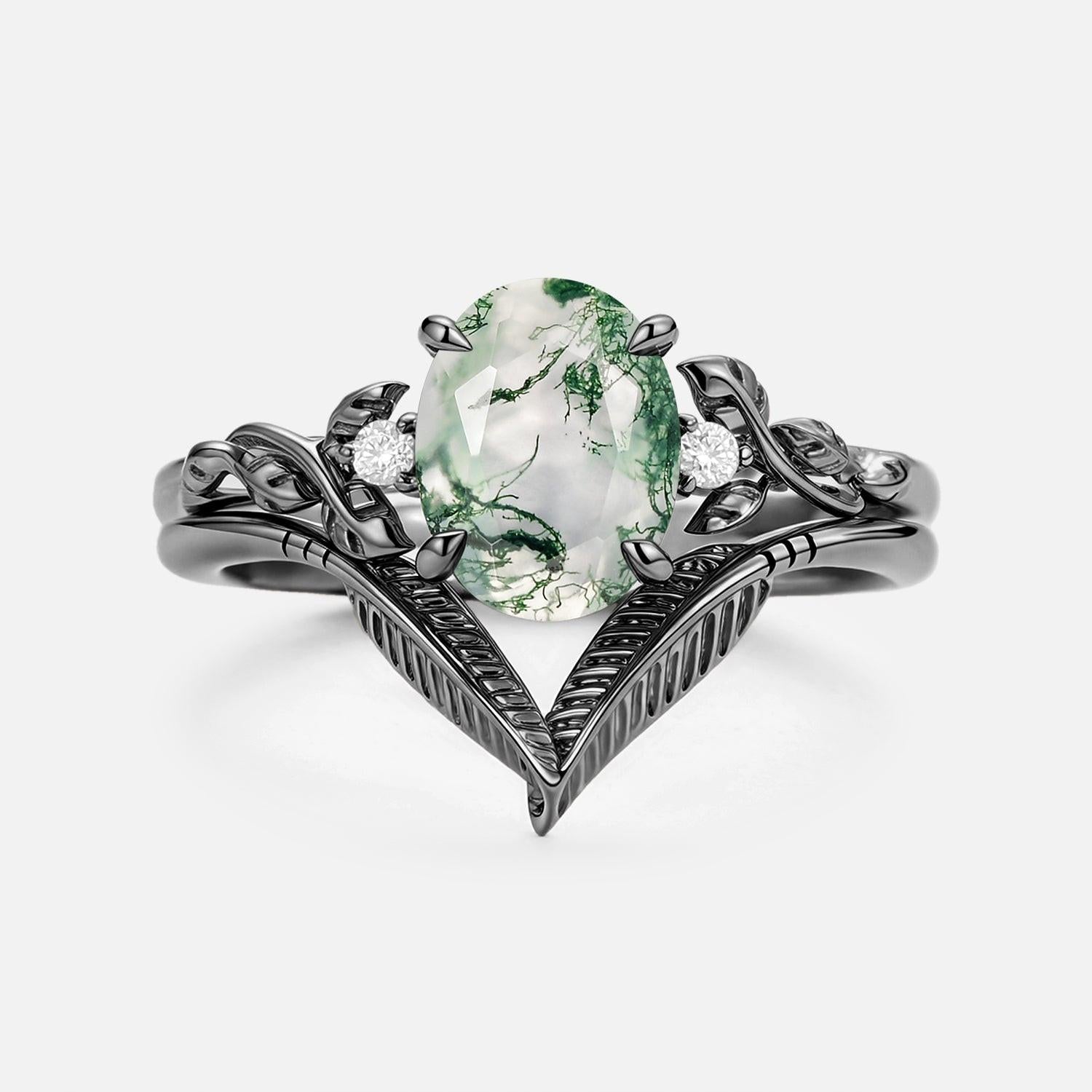 Juniper Oval Cut Moss Agate Leafy Gold Ring Set 2pcs.