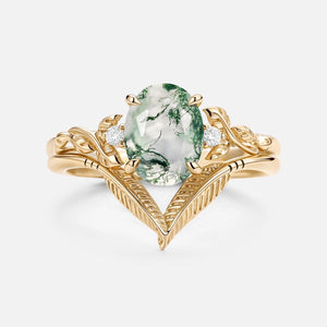 Juniper Oval Cut Moss Agate Leafy Gold Ring Set 2pcs.