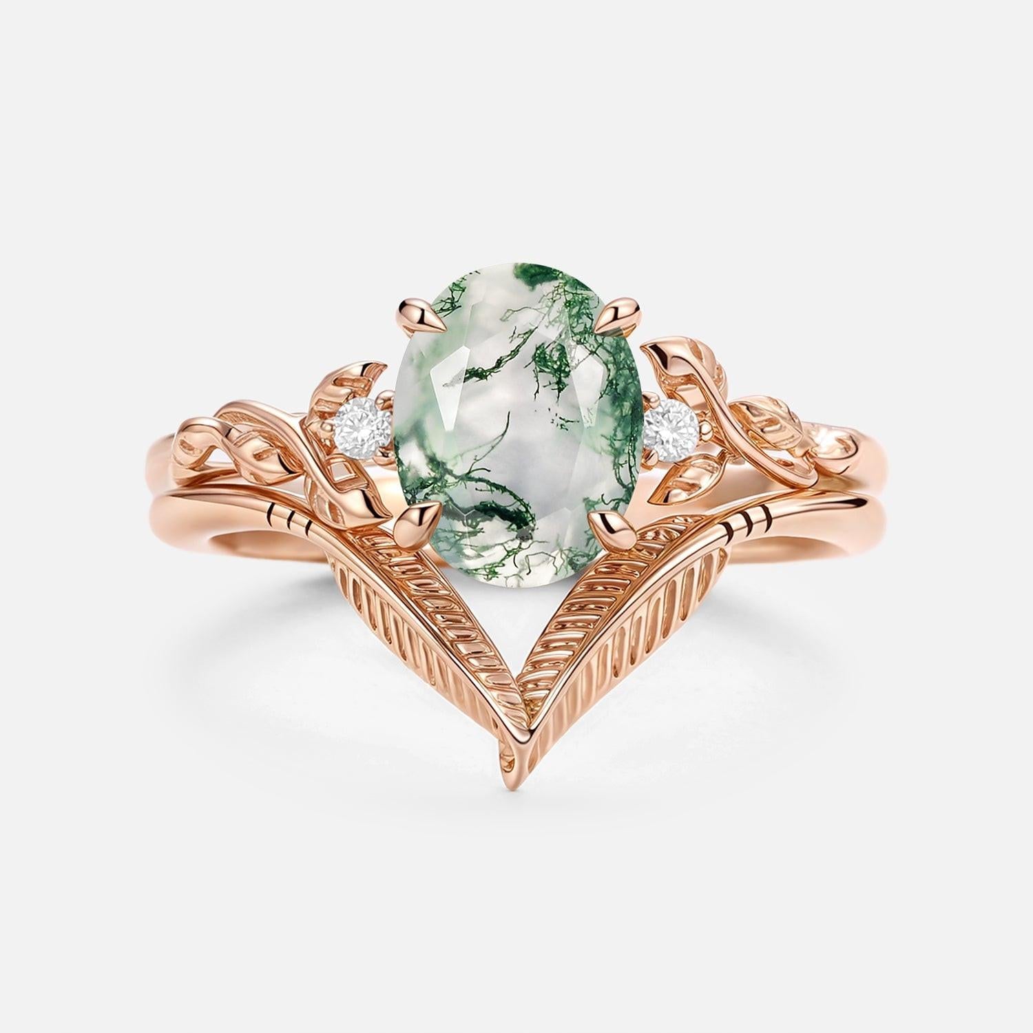 Juniper Oval Cut Moss Agate Leafy Gold Ring Set 2pcs.