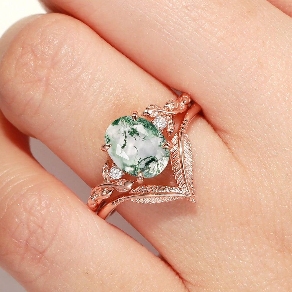 Juniper Oval Cut Moss Agate Leafy Gold Ring Set 2pcs.