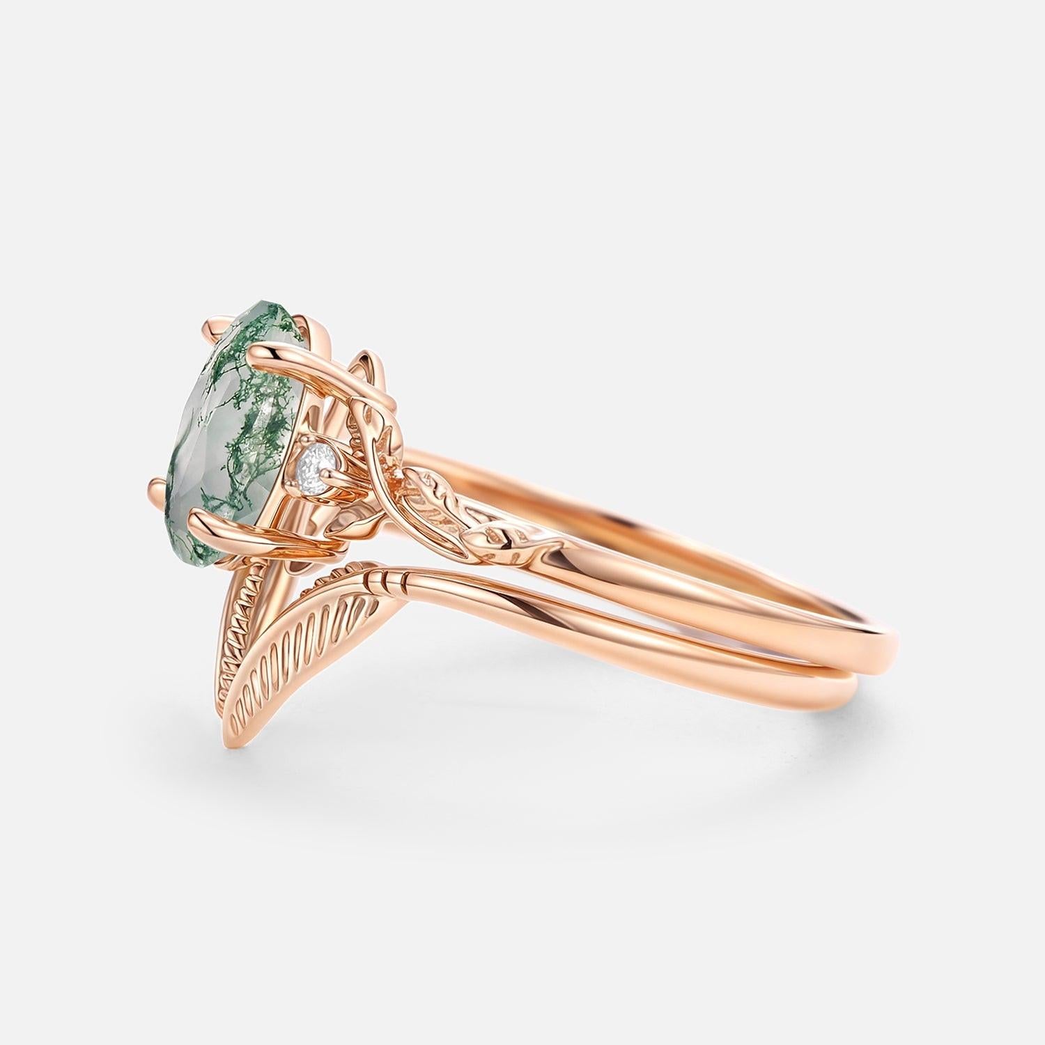 Juniper Oval Cut Moss Agate Leafy Gold Ring Set 2pcs.