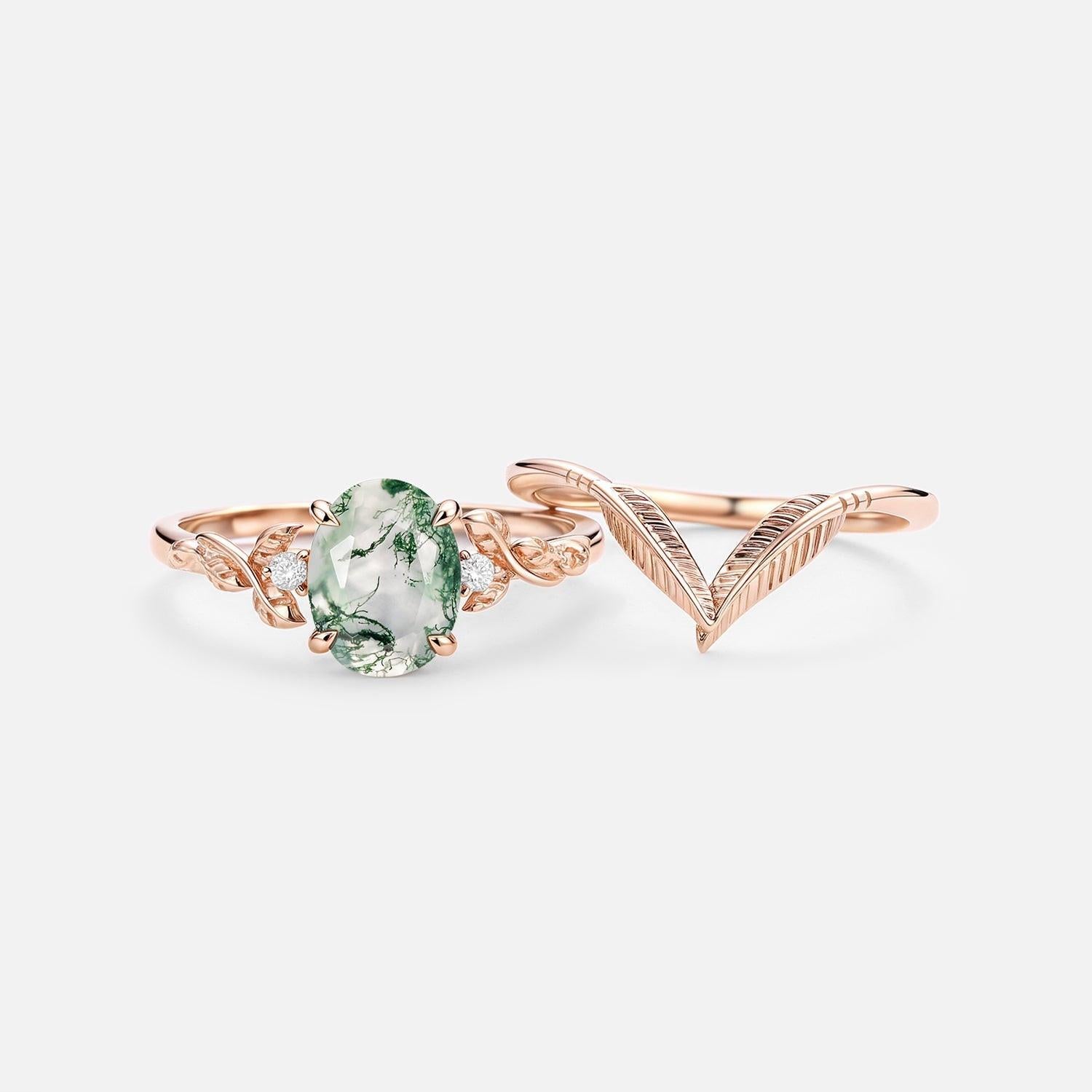Juniper Oval Cut Moss Agate Leafy Gold Ring Set 2pcs.