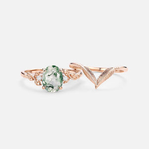 Juniper Oval Cut Moss Agate Leafy Gold Ring Set 2pcs.