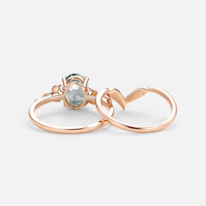 Juniper Oval Cut Moss Agate Leafy Gold Ring Set 2pcs.
