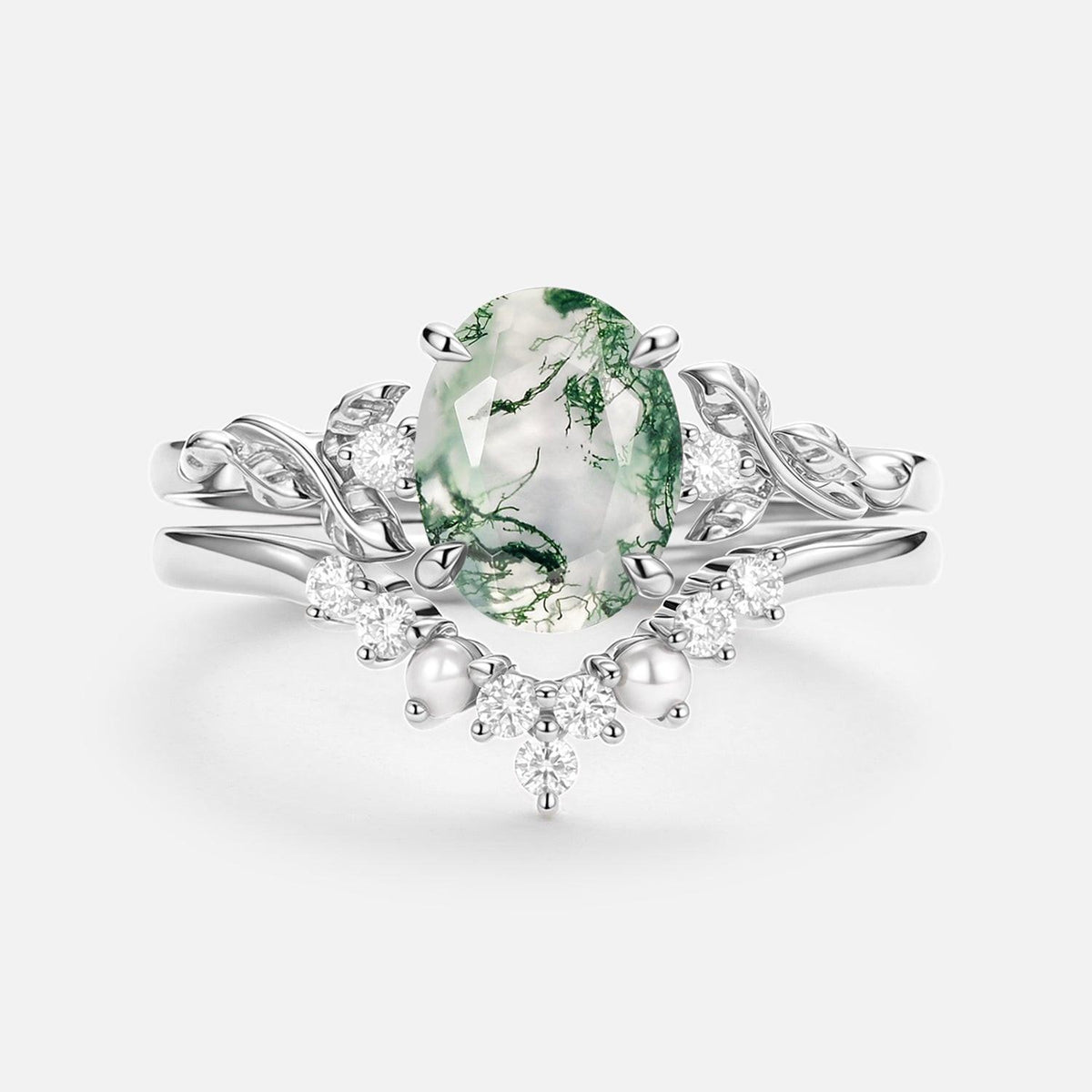 Clover Oval Cut Moss Agate & Pearl Leafy Gold Ring Set 2pcs.