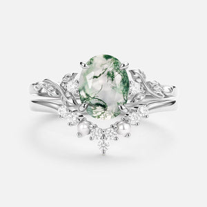 Clover Oval Cut Moss Agate & Pearl Leafy Gold Ring Set 2pcs.