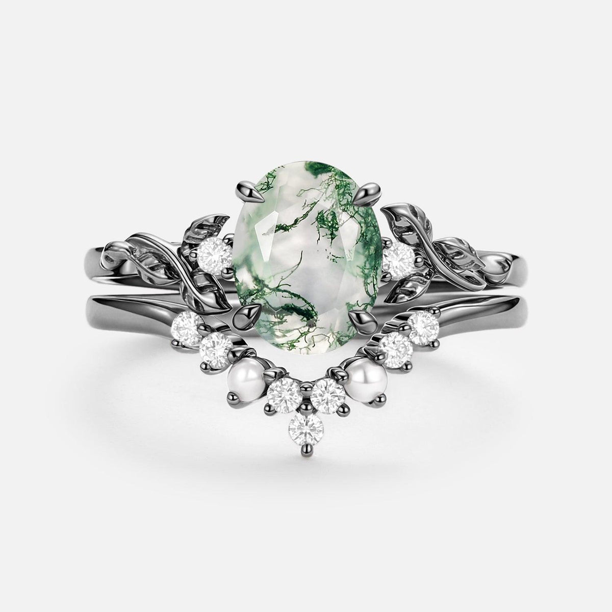 Clover Oval Cut Moss Agate & Pearl Leafy Gold Ring Set 2pcs.