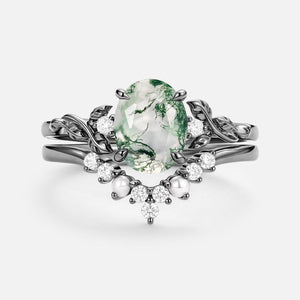 Clover Oval Cut Moss Agate & Pearl Leafy Gold Ring Set 2pcs.