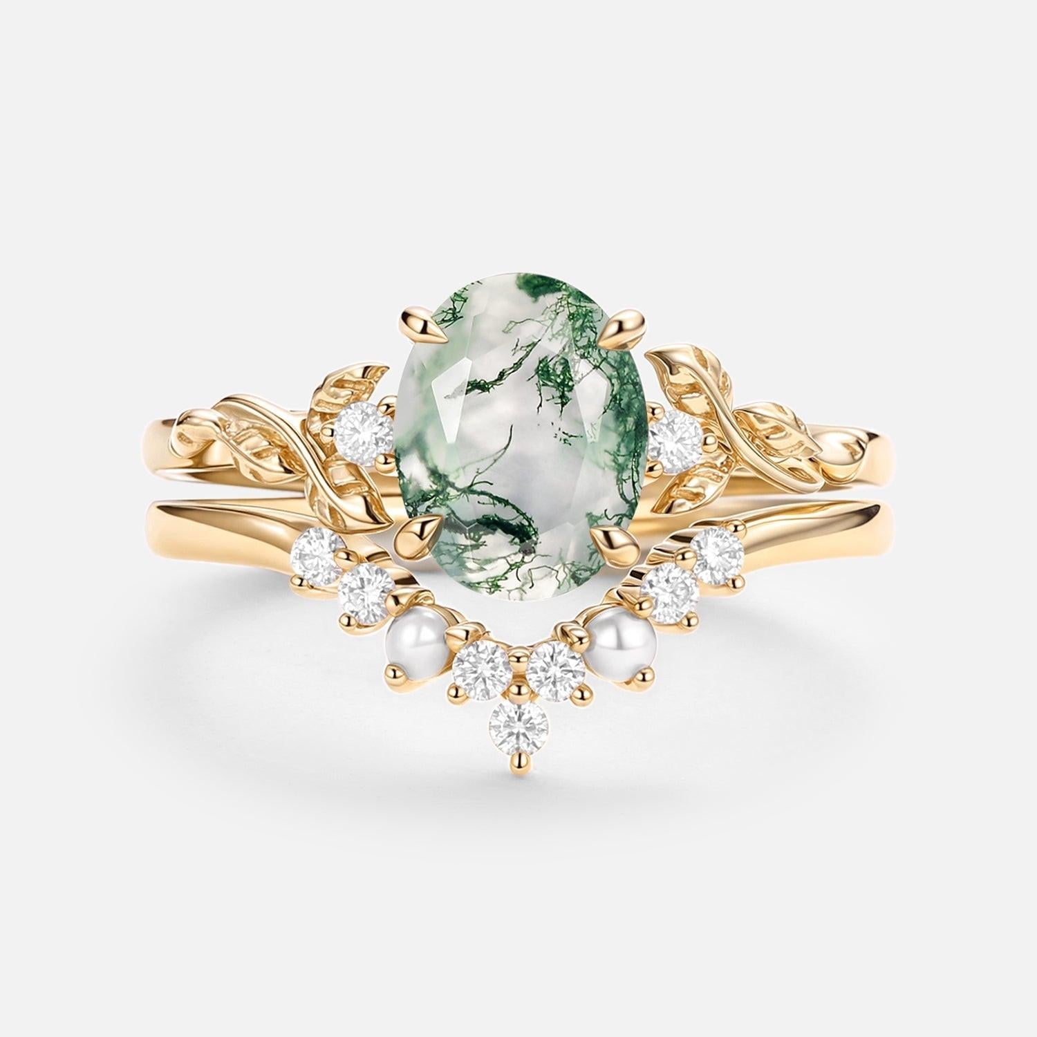 Clover Oval Cut Moss Agate & Pearl Leafy Gold Ring Set 2pcs.