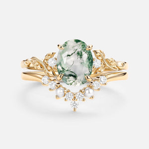Clover Oval Cut Moss Agate & Pearl Leafy Gold Ring Set 2pcs.