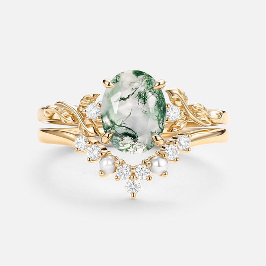 Clover Oval Cut Moss Agate & Pearl Leafy Gold Ring Set 2pcs.